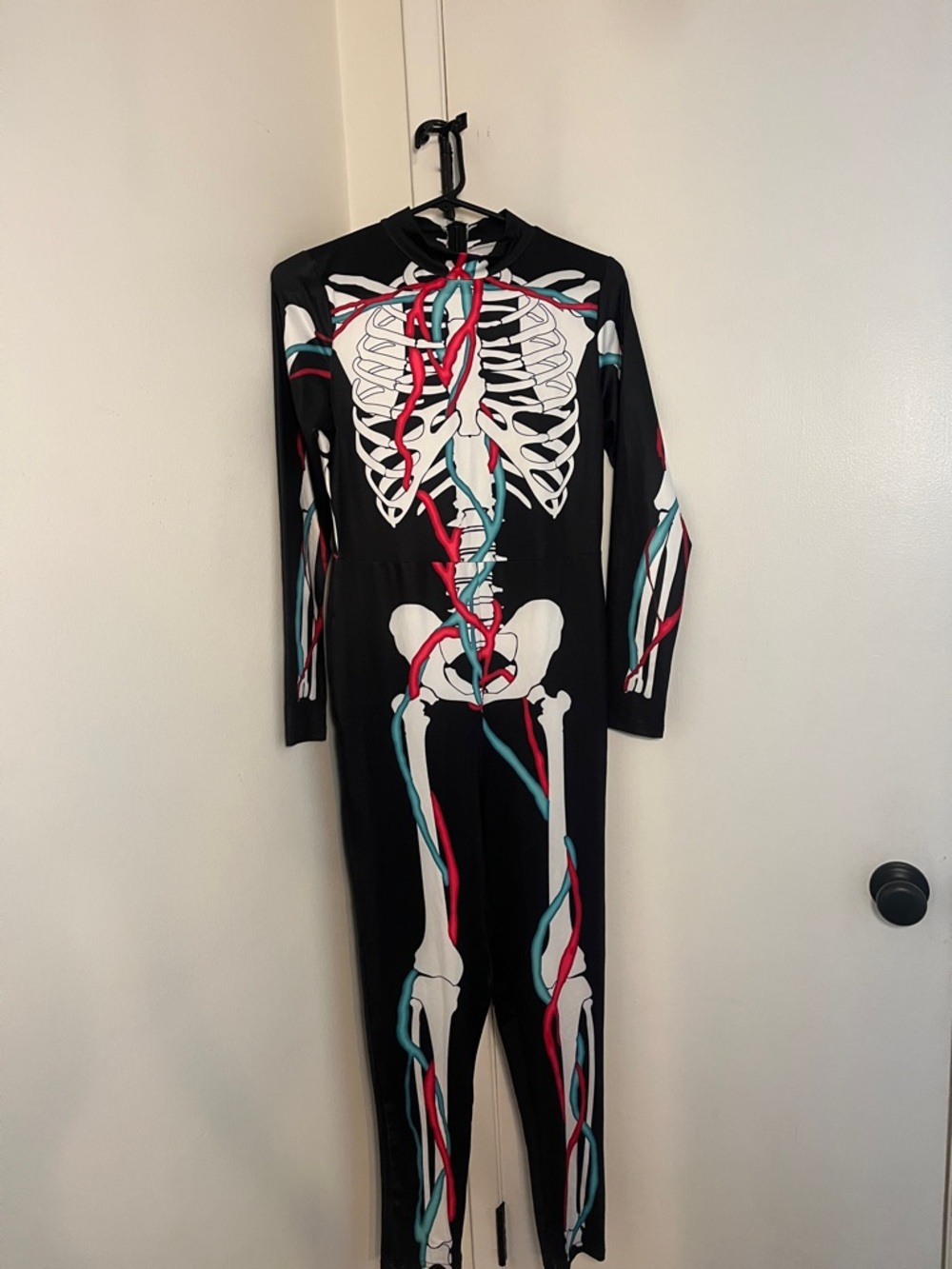 Women's Black Skeleton Jumpsuit with Red & Teal Accents